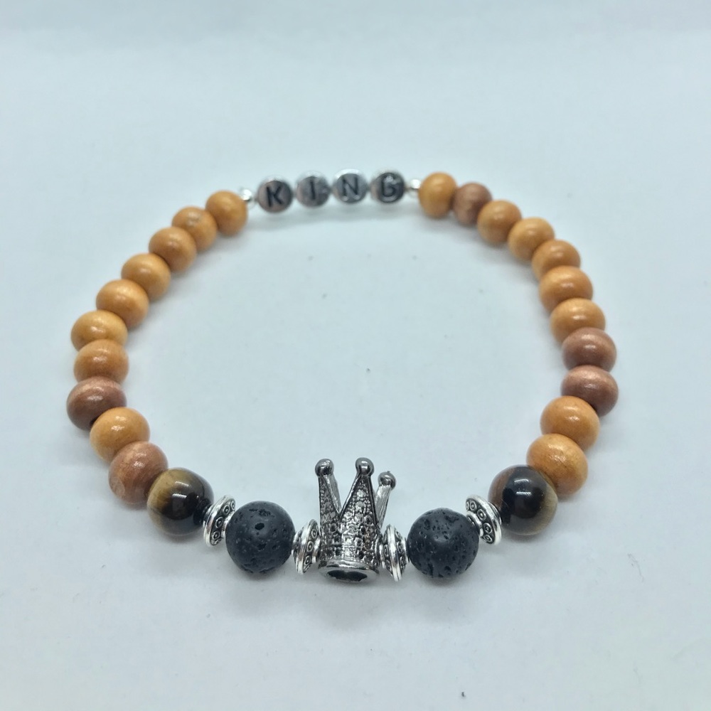 Wooden King/ Silver Antique Crown Bracelet